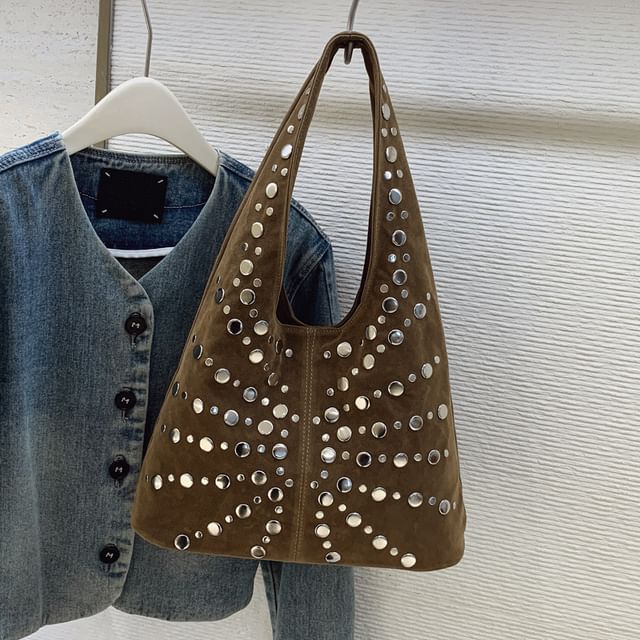 Studded Faux Suede Shoulder Bag