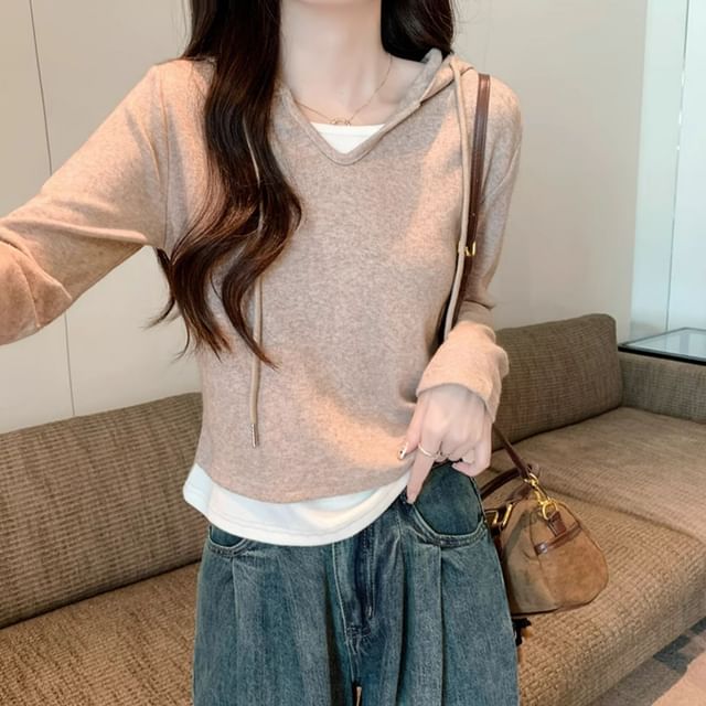Mock Two-Piece Hood Top with Long Sleeves
