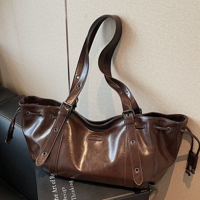 Drawstring Faux Leather Shoulder Bag