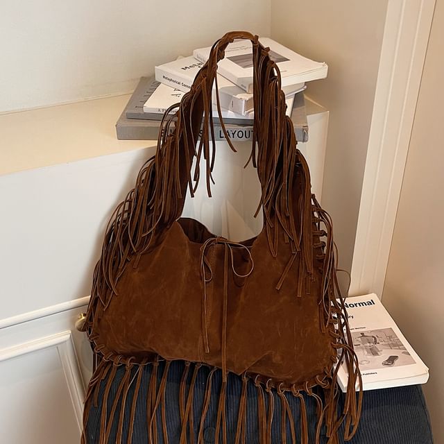 Faux Suede Fringe Shoulder Bag