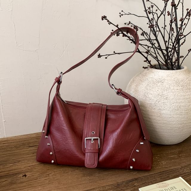 Studded Buckled Faux Leather Shoulder Bag