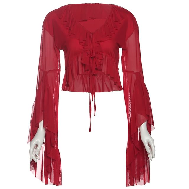 V-Neck Ruffle-Trim Crop Top and High-Waist Plain Maxi A-Line Skirt with Long Sleeves