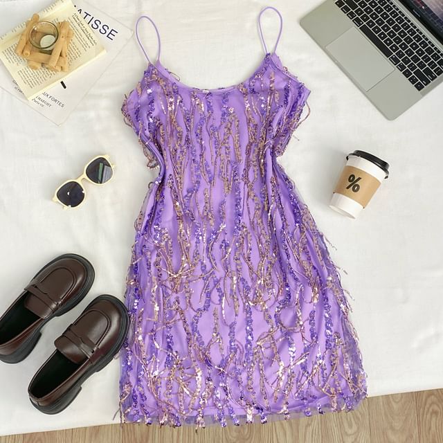 Spaghetti Strap Sequin Fringe Mini Bodycon Dress