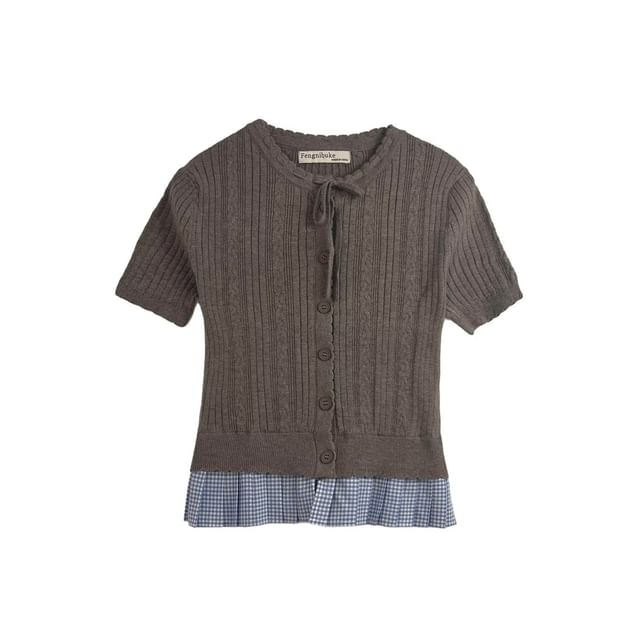 Short-Sleeve Crew Neck Plaid Panel Button-Up Cable Knit Crop Cardigan