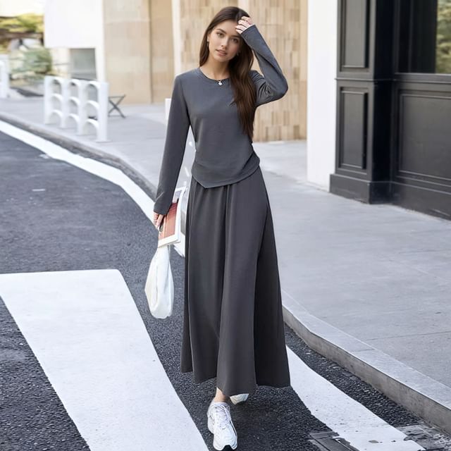 Crew Neck Asymmetrical Knit Top & Elastic Waist Midi A-Line Set