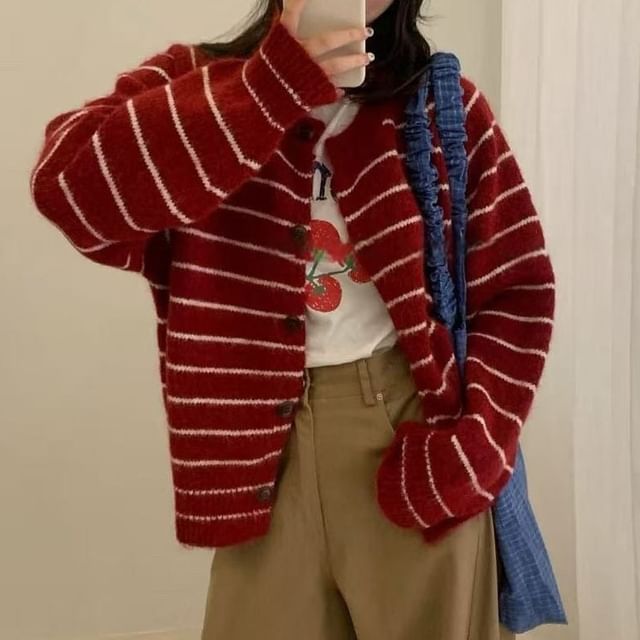 Crew Neck Striped Button-Up Cardigan