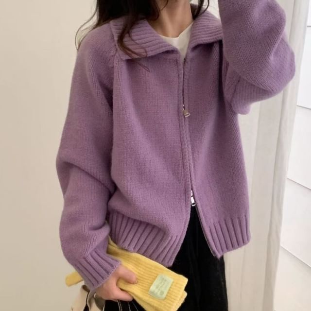 Collared Zip-Up Plain Cardigan