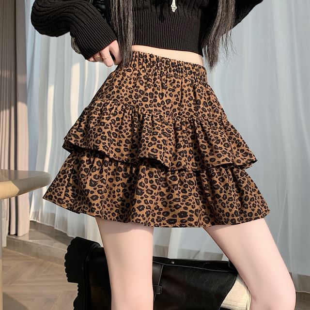 Leopard Print Tiered Mini A-Line Skirt
