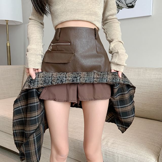 Asymmetrical Plaid Panel Studded Faux Leather Mini Skirt