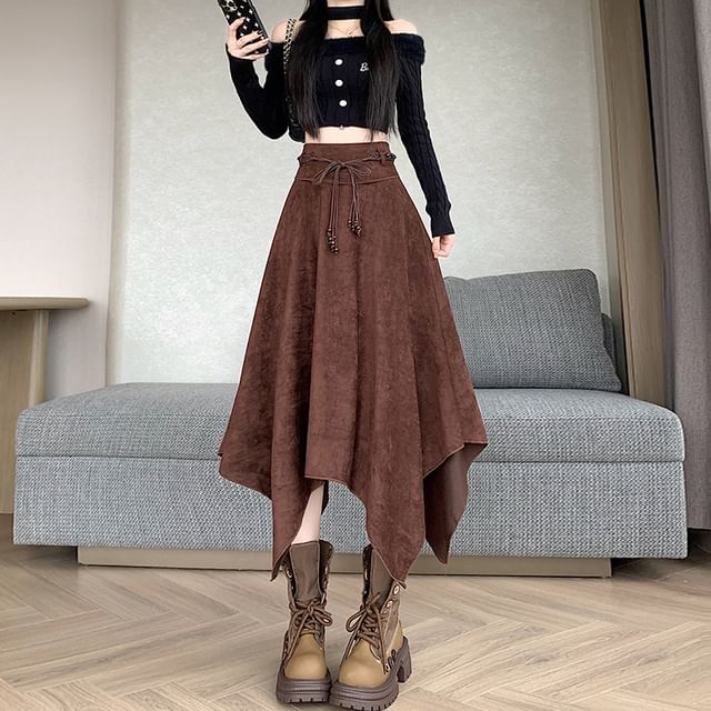 Asymmetrical Faux Suede Midi A-Line Skirt