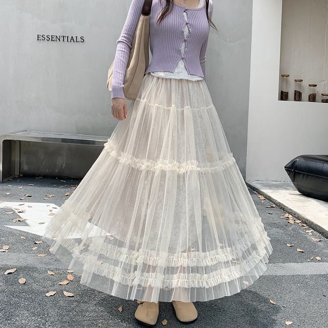 Frill Trim Mesh Maxi A-Line Skirt