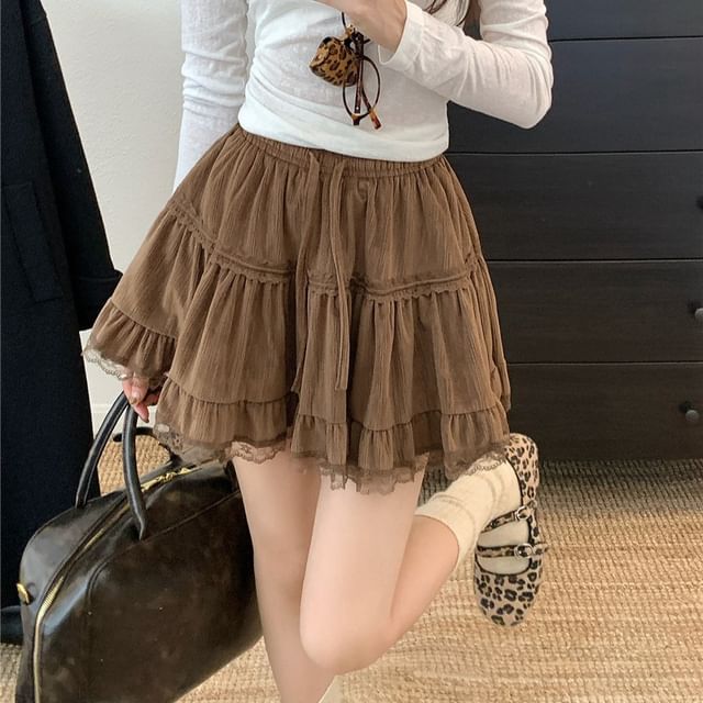 Drawstring Waist Plain Tiered Ruffle Trim Mini A-Line Skirt