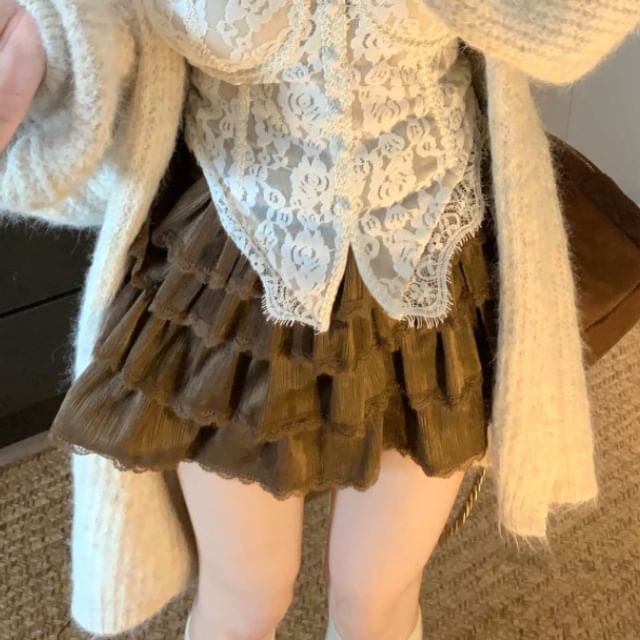 Plain Fluffy Trim Hooded Open Front Cardigan / V-Neck Lace Crop Camisole Top / High Waist Lace Trim Tiered Mini A-Line Skirt