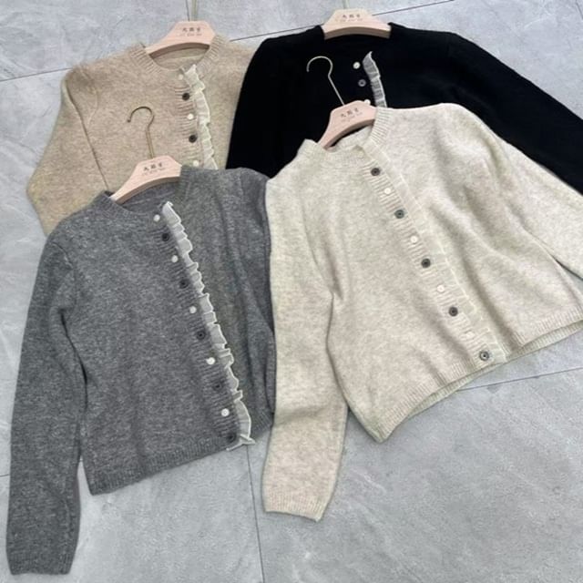 Crew Neck Frill Trim Button-Up Crop Cardigan