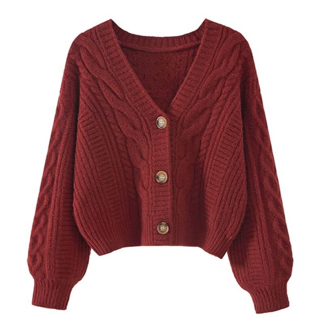V-Neck Button-Up Plain Cable Knit Crop Cardigan