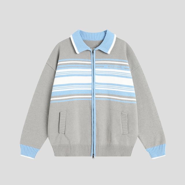 Unisex Polo-Collar Colorblock Zipper Cardigan
