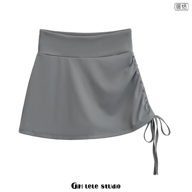 High Waist Plain Drawstring Mini A-Line Skirt
