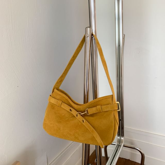 Plain Belted Faux Suede Shoulder Bag