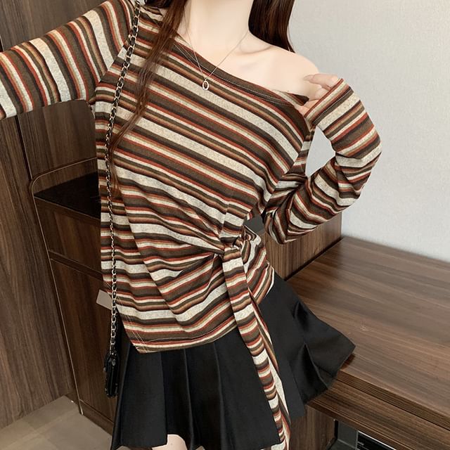 Asymmetrical Tie Waist T-Shirt with Off-Shoulder and Long Sleeves