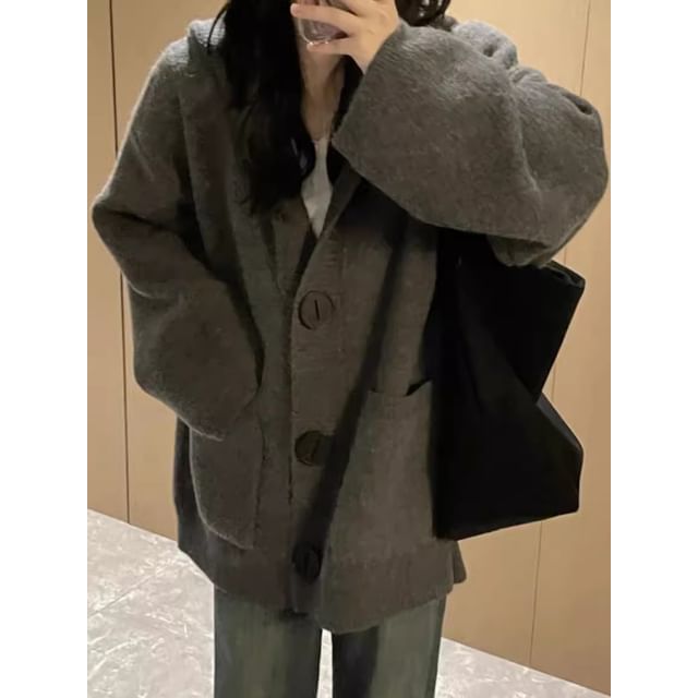 Hooded Button-Up Plain Oversized Cardigan