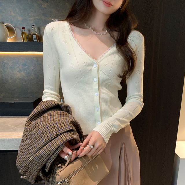 V-Neck Plain Pointelle Lace Trim Cardigan