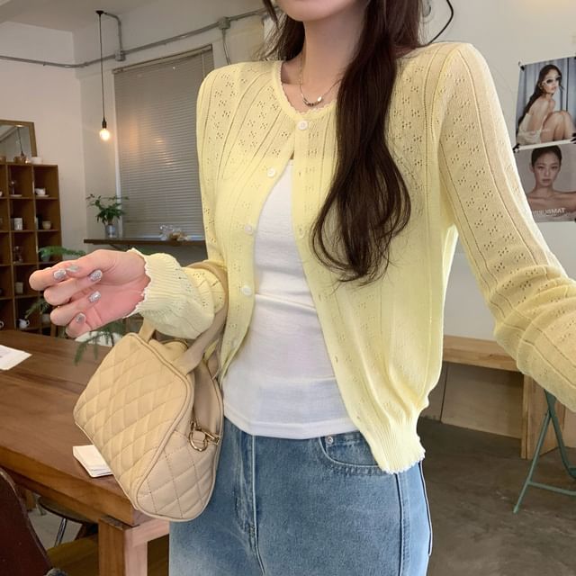 Set: Round Neck Contrast Trim Pointelle Cardigan + Plain Camisole Top