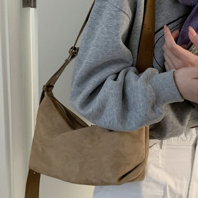 Faux Suede Plain Zip Shoulder Bag