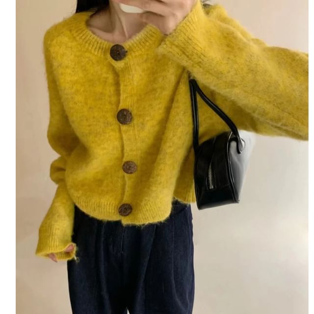 Round Neck Drop Shoulder Plain Button Up Cardigan