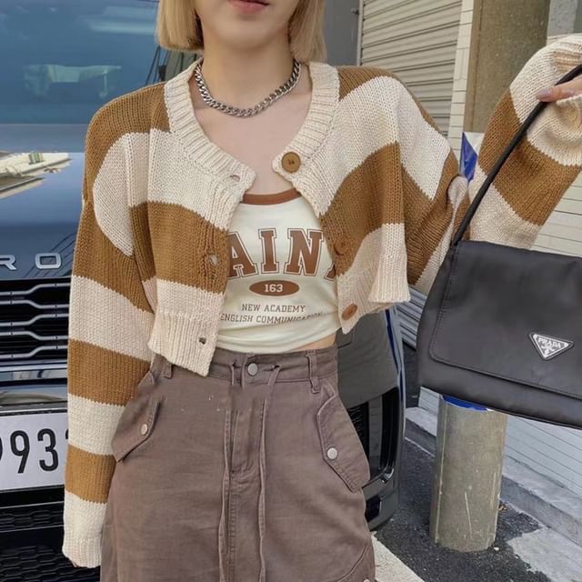 Round Neck Drop Shoulder Striped Crop Cardigan
