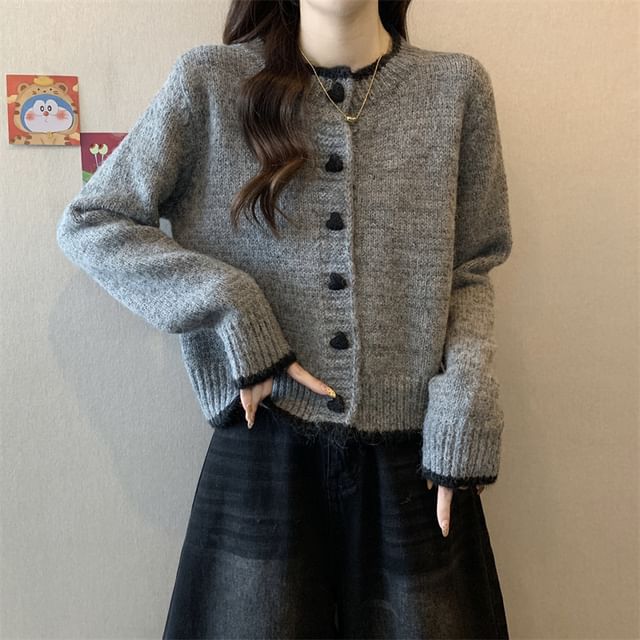 Round Neck Contrast Trim Button Up Cardigan