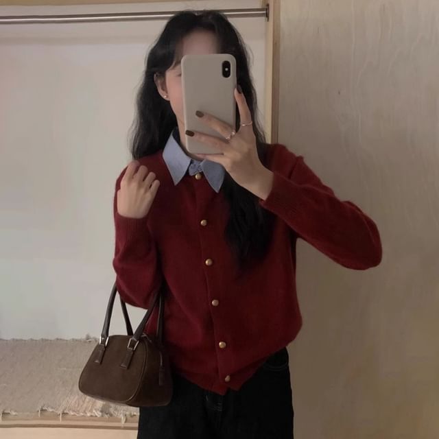 Collared Mock Two Piece Button Cardigan