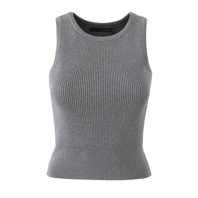 Crew Neck Plain Ribbed Tank Top / Cardigan / Drawstring Waist Mini A-Line Skirt