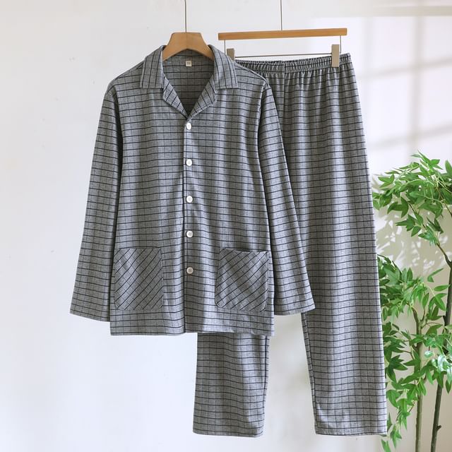 Couple Matching Pajama Set: Long-Sleeve Lapel Collar Plaid Button-Up Top + Pants (Various Designs)