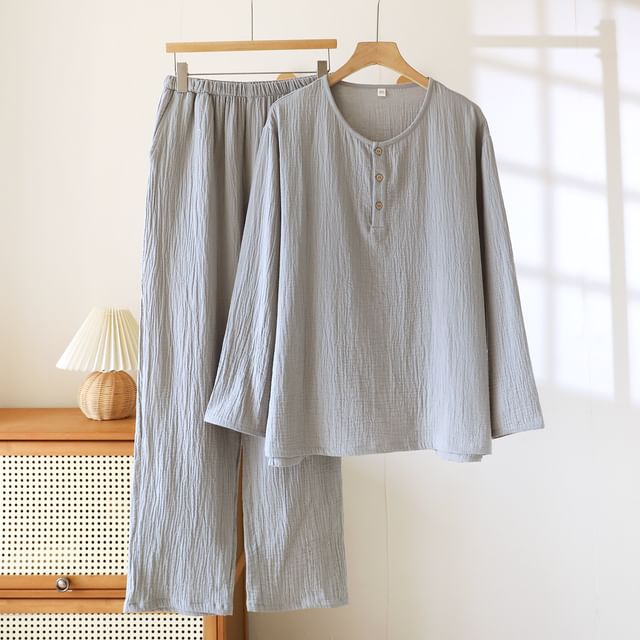 Couple Matching Pajama Set: Long-Sleeve Crew Neck Plain Top + Pants (Various Designs)