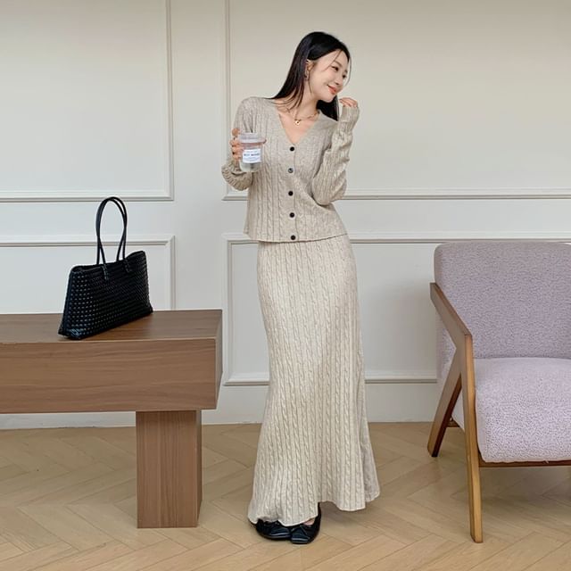 Set: V-Neck Plain Cable Knit Cardigan + High Rise Plain Maxi A-Line Skirt