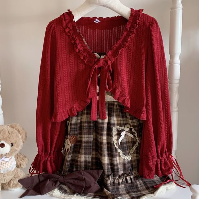 Puff-Sleeve Ruffled Tie-Front Solid Jacket
