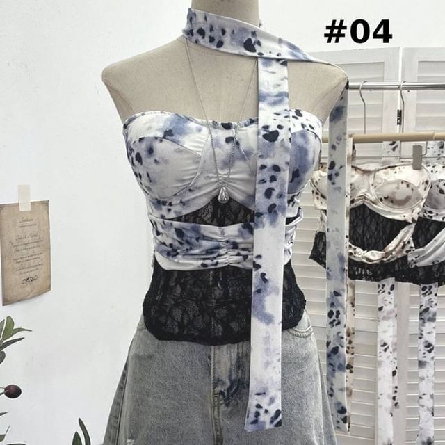 Tie-Dyed Lace Panel Tube Top with Sash Belt