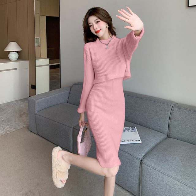 Matching Set: Ribbed Knit Top with Mock Neck & Long Sleeves + Pencil Skirt with Elastic Waist