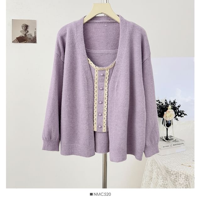 Set: Scoop Neck Lace-Trim Knit Camisole Top + Long Sleeve Plain Cardigan
