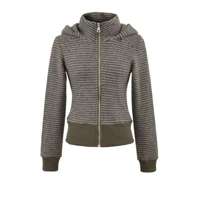 Striped Cropped Hoodie with Stand Collar, Zip-Up Front & Long Sleeves