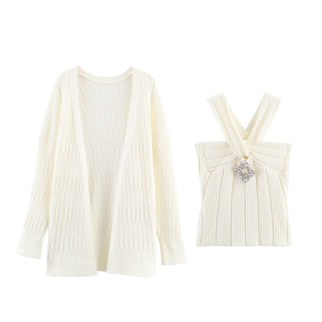 Ensemble: Open-Front Cardigan in Solid Color + Rhinestone-Embellished Halter Crop Knit Top
