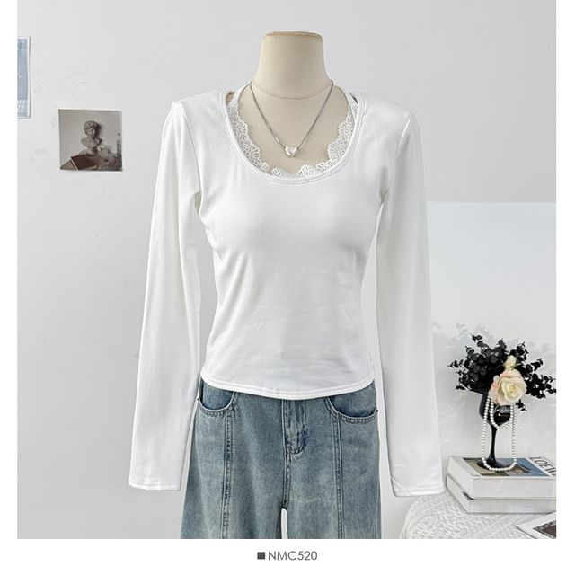Halter Neck Long Sleeve Lace Trim Slim Tee