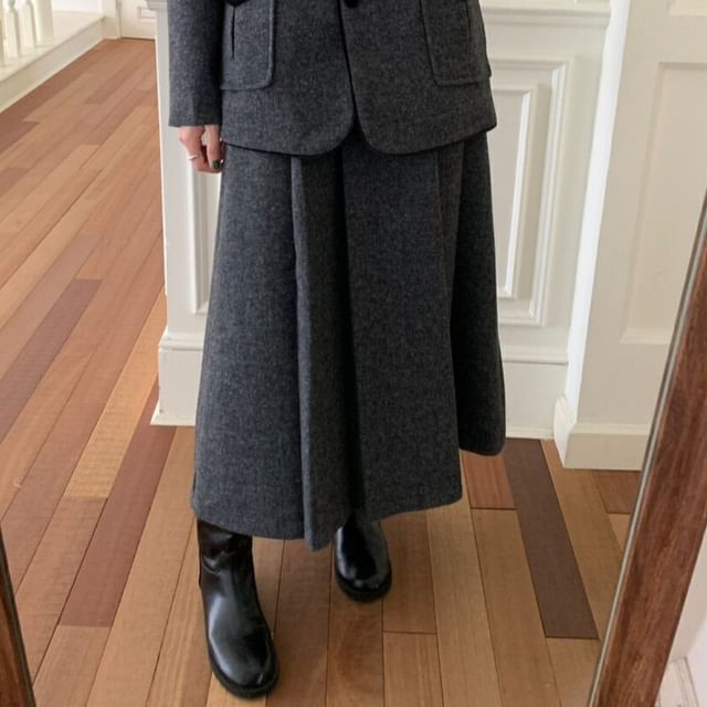 Button-Up Plain Blazer / High Rise Maxi A-Line Skirt