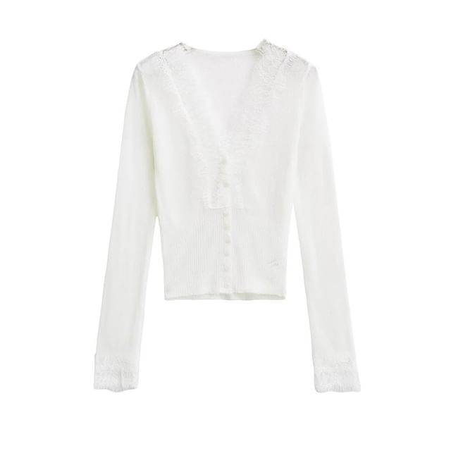 Long Sleeve V-Neck Lace Ribbed Button Knit Top