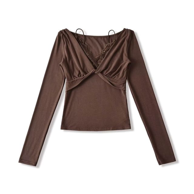 Mock Two-Piece V-Neck Twist Lace Trim Slim Tee