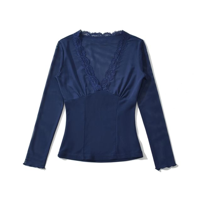 Long Sleeve V-Neck Lace Mesh Slim Fit Top