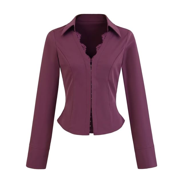 Long Sleeve V-Neck Lace Hook and Eye Slim Shirt