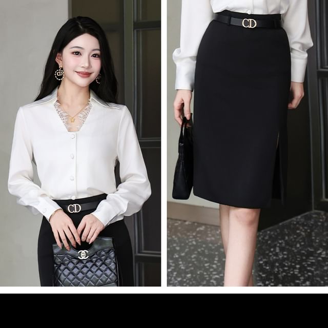 Long Sleeve Lace Button-Up Shirt with High Waist Midi Pencil Skirt Set
