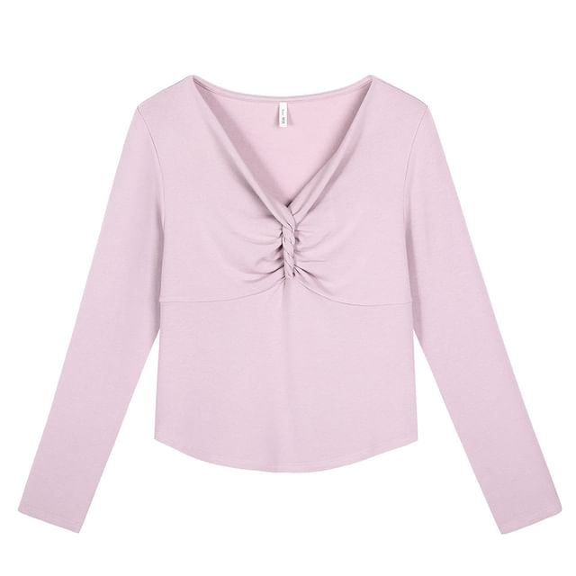 Twist Ruched V-Neck Long-Sleeve Solid Top