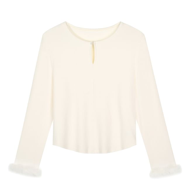 Keyhole Long-Sleeve Round-Neck Detachable Fluffy Trim Top